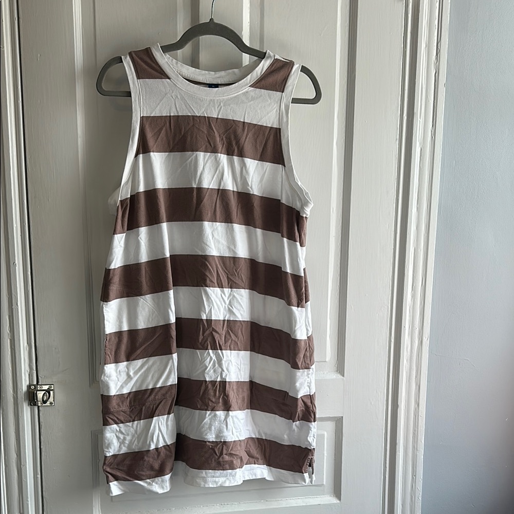 Old Navy White and Brown Striped Sleeveless Sundress